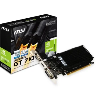 MSI GT 710 2GD3H LP Low‑Profile NVIDIA GeForce GT 710 2GB DDR3 PCIe 2.0 Graphics Card – 954 MHz Core, 1600 MHz Memory, 64‑bit Bus, HDMI/DVI‑D/VGA Outputs, 146×69×19 mm Low Profile Design, Passive Cooling, 19 W TDP
