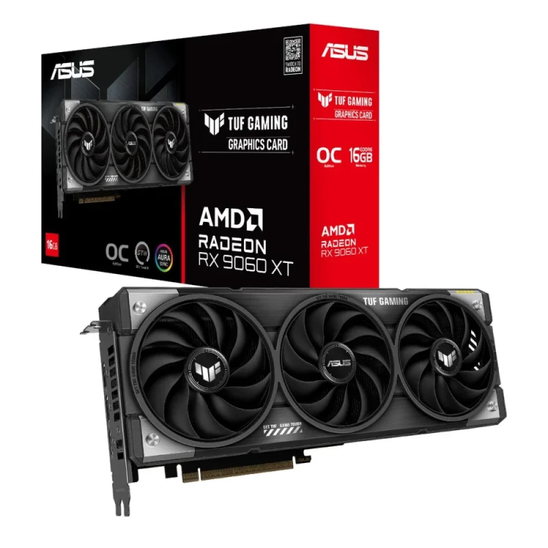 ASUS TUF GAMING OC Radeon RX 9060 XT 16GB Black/Silver – AMD RDNA 4 GPU, PCIe 5.0 x16, 16GB GDDR6 128-bit 20 Gbps, OC Boost Up to 3340 MHz, Triple Axial-Tech Cooling, 2x DisplayPort 2.1a + HDMI 2.1b, 304 mm Triple-Fan GPU - Featured Image
