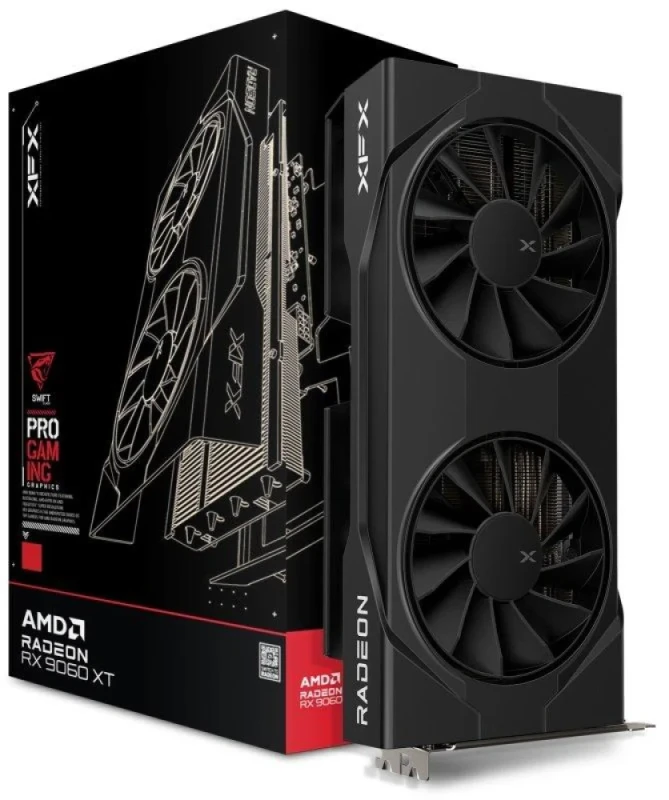 XFX Swift OC Radeon RX 9060 XT 8GB Black 270 mm – AMD RDNA 4 RX 9060 XT GPU, 2048 Stream Processors, 8 GB GDDR6 128-bit 20 Gbps, PCIe 5.0 x16, Dual-Fan Active Cooling, 2x DisplayPort 2.1 & HDMI 2.1, 450 W PSU Recommended, Compact 2-Slot Gaming Graphics Card - Featured Image