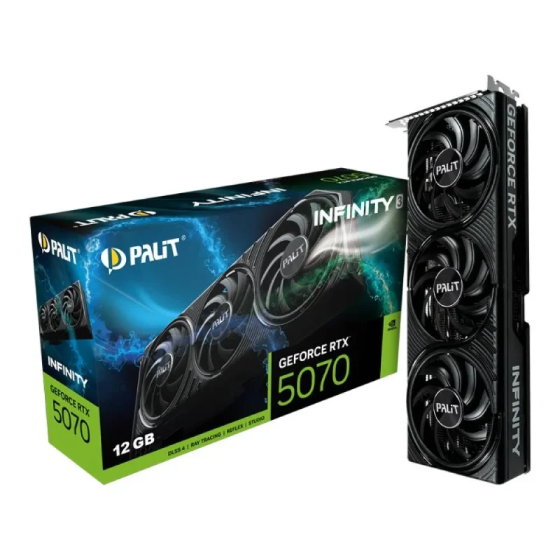 Palit GeForce RTX 5070 Infinity 3 12GB GDDR7 PCIe 5.0 Graphics Card – NVIDIA Blackwell GPU, 6144 CUDA Cores, 192-bit Memory Bus, 28 Gbps Bandwidth, Boost up to ~2512 MHz, Triple Fan Active Cooling, 2-Slot, 292 mm Length, 3x DisplayPort 2.1b & HDMI 2.1b, VR Ready - Featured Image