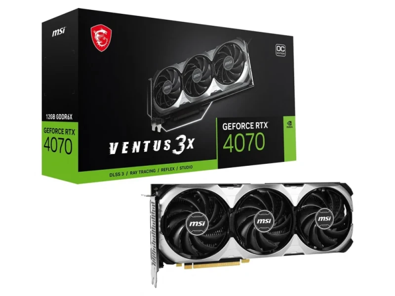MSI GeForce RTX 4070 VENTUS 3X OC 12GB GDDR6X PCIe 4.0 Graphics Card – NVIDIA Ada Lovelace GPU, 5888 CUDA Cores, 192-bit Memory Bus, Boost ~2505 MHz, 12 GB High-Speed Memory @21 Gbps, TORX Fan 4.0 Triple-Fan Cooling, 308 mm Length, 3x DisplayPort 1.4a & HDMI 2.1a Outputs, VR Ready - Featured Image