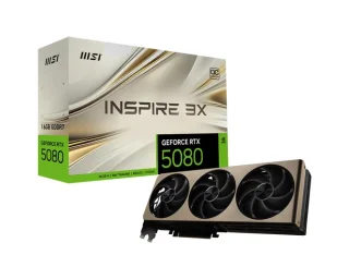 MSI GeForce RTX 5080 16GB INSPIRE 3X OC Graphics Card, NVIDIA Blackwell GPU, 10,752 CUDA Cores, 16 GB GDDR7 256-bit, Boost up to ~2640 MHz, PCIe 5.0, Triple STORMFORCE Fans with Zero Frozr & Metal Backplate, 288 mm Length, 3x DisplayPort 2.1b + HDMI 2.1b, 360 W TDP