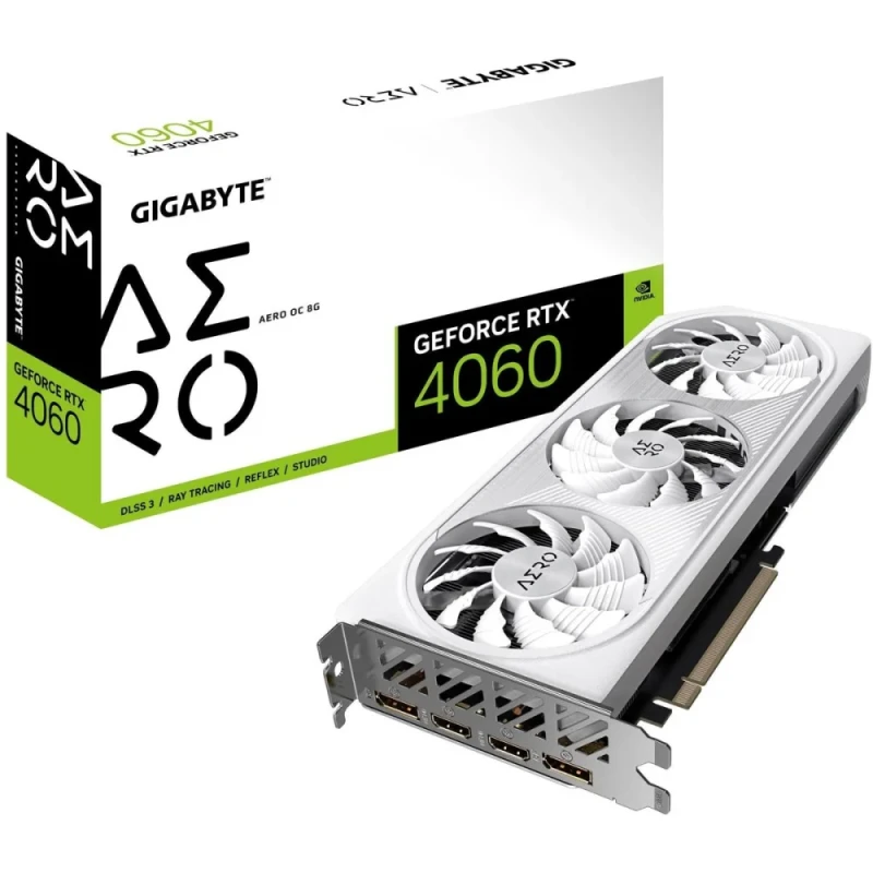 Gigabyte GeForce RTX 4060 AERO OC 8GB White GDDR6 PCIe 4.0 Graphics Card – NVIDIA RTX 4060 GPU, 3072 CUDA Cores, 2550 MHz Boost Clock, 128-bit Memory, WINDFORCE 3-Fan Cooling, 2x HDMI 2.1a & 2x DisplayPort 1.4a Outputs, 281 mm Length White GPU for Gaming & DLSS 3 Support - Featured Image