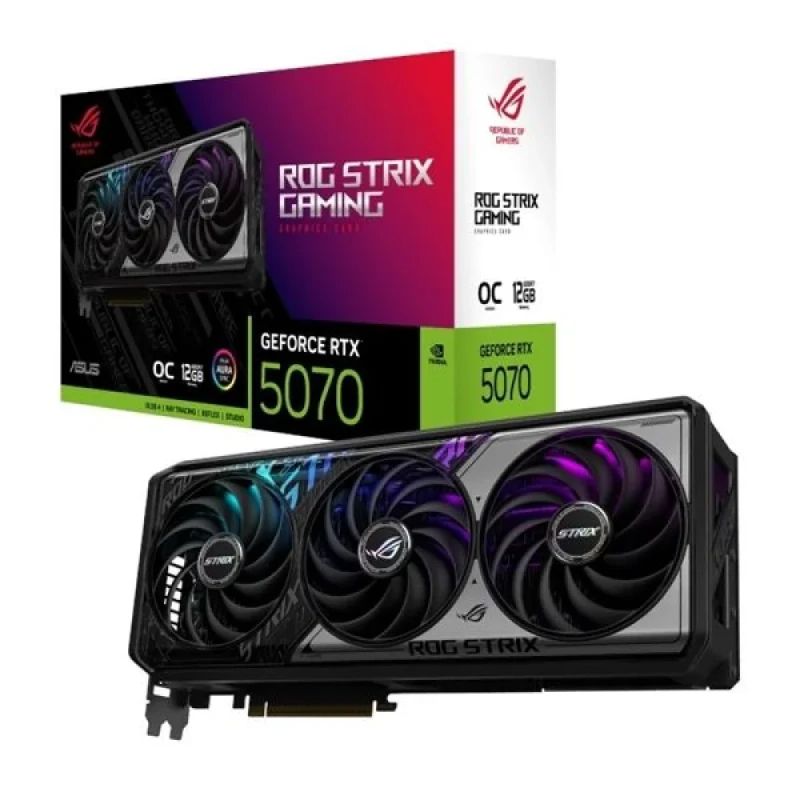 ASUS ROG STRIX OC GeForce RTX 5070 12GB – NVIDIA Blackwell GPU, 6144 CUDA Cores, 12GB GDDR7 192-bit, PCIe 5.0 x16, Triple Axial-Tech Fans, 3x DisplayPort 2.1b & 2x HDMI 2.1b, Aura Sync RGB, 332 mm Black/Silver Gaming Graphics Card - Featured Image