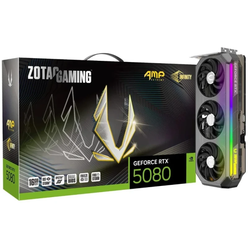 ZOTAC GAMING AMP Extreme INFINITY GeForce RTX 5080 16GB Graphics Card – NVIDIA Blackwell GPU, 10 752 CUDA Cores, 16 GB GDDR7 256-bit 30 Gbps, PCIe 5.0 x16, IceStorm 3.0 Triple-Fan Cooling, DisplayPort 2.1b x3 & HDMI 2.1b, RGB Infinity Mirror, 3.5-Slot 332 mm Black/Copper Gaming GPU - Featured Image