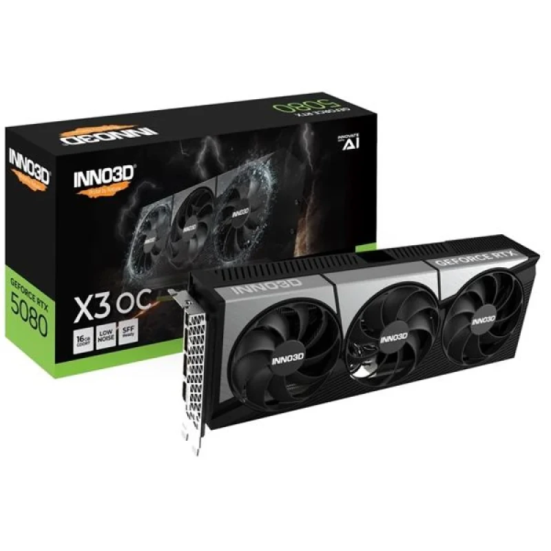 Inno3D GeForce RTX 5080 X3 OC 16GB GDDR7 Gaming Graphics Card – NVIDIA Blackwell GPU, 10,752 CUDA Cores, 256-bit 30 Gbps Memory, PCIe 5.0 x16, Triple-Fan Cooling, 300 mm Length, 3x DisplayPort 2.1b & HDMI 2.1b, 360 W TDP, Black/Silver High-Performance GPU - Featured Image