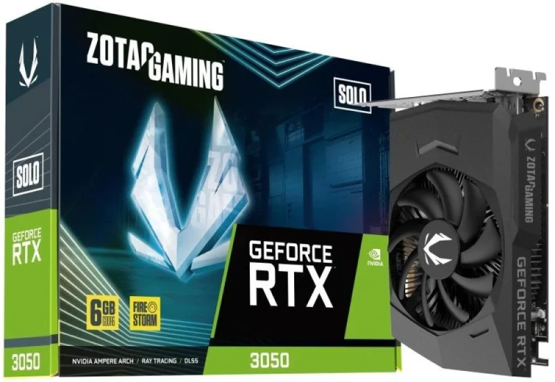 ZOTAC GAMING SOLO GeForce RTX 3050 6GB – NVIDIA Ampere GPU, 2304 CUDA Cores, 6GB GDDR6 96-bit, PCIe 4.0 x8, 150.8 mm Compact Dual-Slot Design, Single Fan Active Cooling, 3x DisplayPort 1.4a & HDMI 2.1, 70 W TDP Budget 1080p Gaming Graphics Card - Featured Image