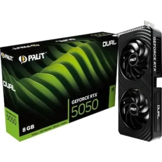 Palit Dual GeForce RTX 5050 8GB GDDR6 PCIe 5.0 Graphics Card – NVIDIA GeForce RTX 5050 GPU, 2560 CUDA Cores, 8GB 128-bit GDDR6 Memory @20 Gbps, Dual 95 mm Fans, 2-Slot Cooler, HDMI 2.1b + 3x DisplayPort 2.1b, 262 mm Black Gaming GPU