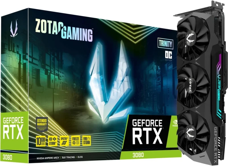 Zotac GAMING Trinity OC GeForce RTX 3080 10GB Black PCIe 4.0 Graphics Card – NVIDIA Ampere RTX 3080 GPU, 8704 CUDA Cores, 10 GB GDDR6X 320-bit, Boost ~1725 MHz, Triple Fans IceStorm 2.0 Cooling, 318 mm Length, 3x DisplayPort 1.4a & HDMI 2.1, 2.5-Slot Design - Featured Image