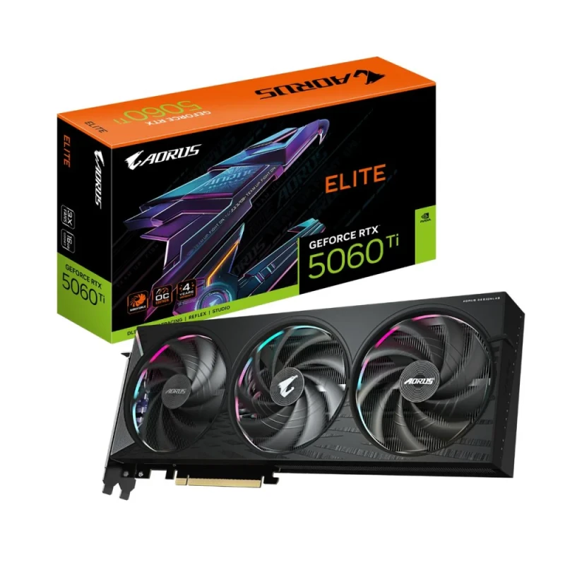 Gigabyte AORUS ELITE NVIDIA GeForce RTX 5060 Ti 16GB GDDR7 PCIe 5.0 Graphics Card – 4608 CUDA Cores, 28 Gbps Memory, 128-bit Bus, WINDFORCE 3X Triple Fan Cooling, 3x DisplayPort 2.1b + HDMI 2.1b, 329 mm Length, Black - Featured Image