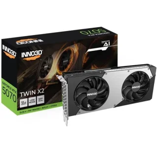 INNO3D Twin X2 GeForce RTX 5070 12GB GDDR7 PCIe 5.0 Graphics Card – 6144 CUDA Cores, 250W TGP, 192-bit Memory Bus, 672 GB/s Bandwidth, 250 mm Compact Dual-Fan Cooling, 3x DisplayPort 2.1b & HDMI 2.1b Outputs, Black/Silver Gaming & Creator GPU