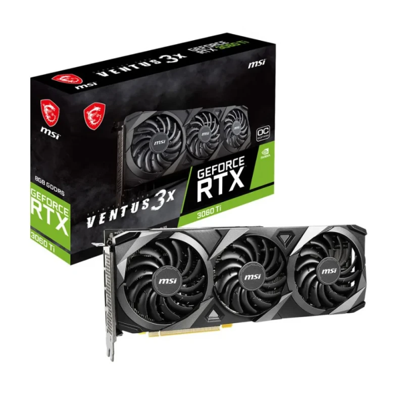 MSI GeForce RTX 3060 Ti VENTUS 3X OC LHR 8GB – NVIDIA Ampere GPU, 4864 CUDA Cores, 1695 MHz Boost, 8GB GDDR6 256-bit Memory, PCIe 4.0, Triple-Fan TORX Fan 3.0 Cooling, 3x DisplayPort 1.4a & HDMI 2.1, 316 mm Full-Length Gaming Graphics Card - Featured Image