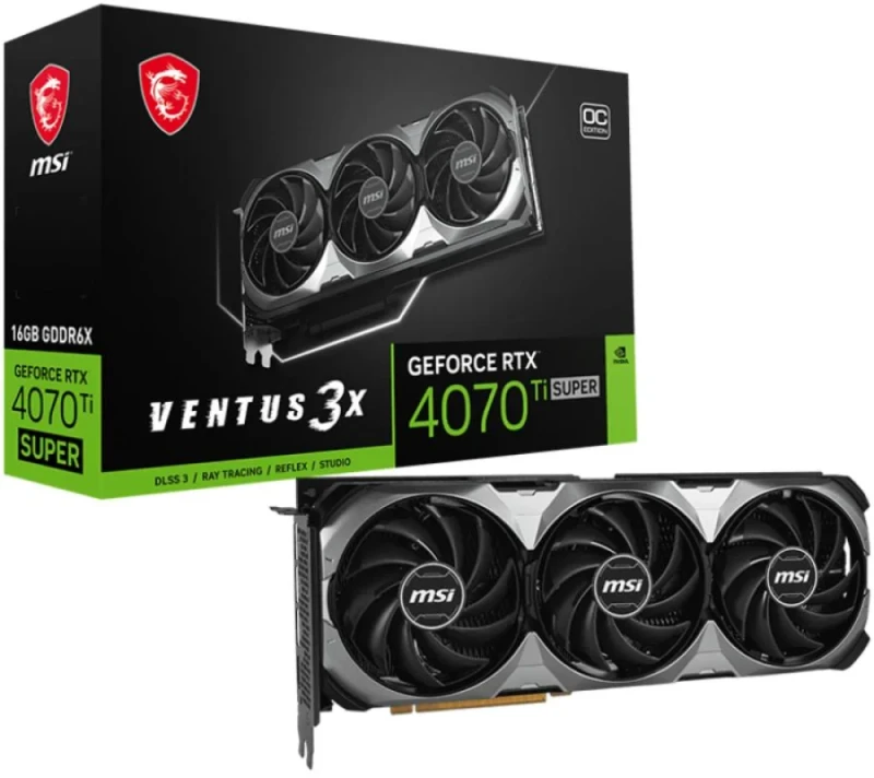 MSI GeForce RTX 4070 Ti SUPER 16G VENTUS 3X OC – NVIDIA GeForce RTX 4070 Ti SUPER 16 GB GDDR6X PCIe 4.0 Graphics Card, 8448 CUDA Cores, 2640 MHz Boost, 256-bit, Triple-Fan TORX 4.0 Cooling, 3x DisplayPort 1.4a + HDMI 2.1, Black/Silver 308 mm High-Performance GPU - Featured Image