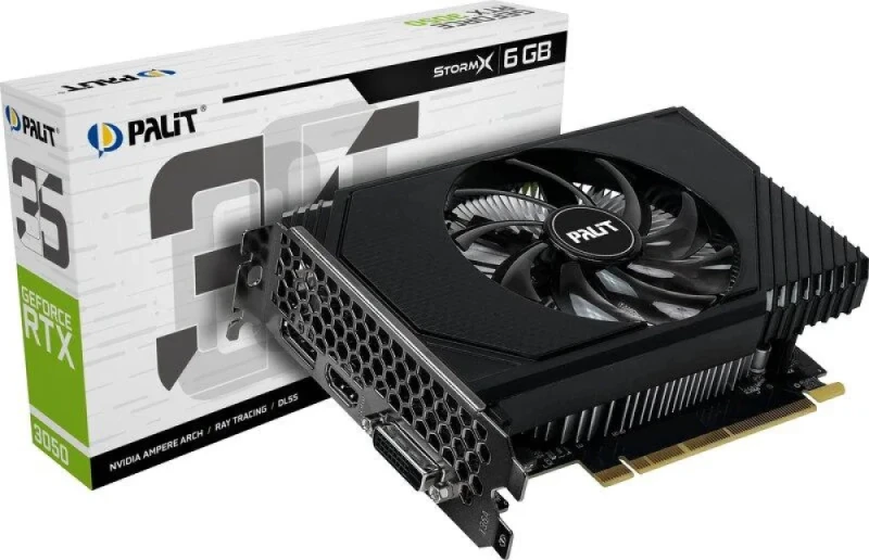 Palit GeForce RTX 3050 StormX 6GB – NVIDIA RTX 3050 6GB GDDR6 PCIe 4.0 Graphics Card, 2304 CUDA Cores, 1470 MHz Boost, 96-bit Memory Bus, Single-Fan Active Cooling, 1x HDMI 2.1 + 1x DisplayPort 1.4a + DVI-D, 2-Slot Black Mini-ITX-Ready 162 mm GPU - Featured Image