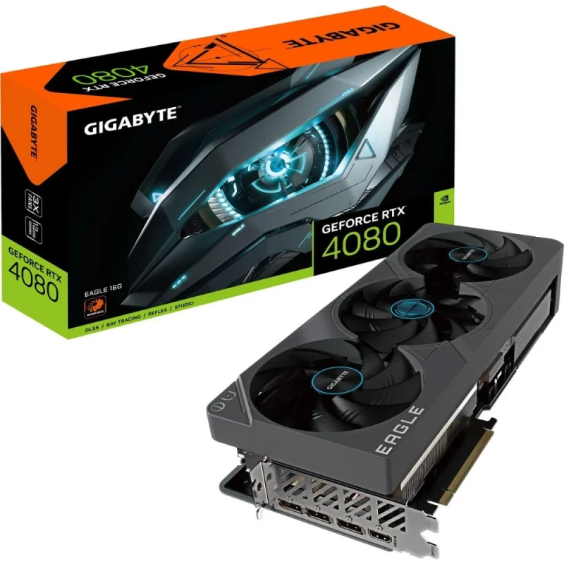 GIGABYTE EAGLE GeForce RTX 4080 16GB GDDR6X PCIe 4.0 Graphics Card – NVIDIA Ada Lovelace RTX 4080 GPU with 9728 CUDA Cores, 2505 MHz Boost, 256-bit 16 GB Memory, WINDFORCE Triple-Fan Cooling, 3x DisplayPort 1.4a & HDMI 2.1, 342 mm Black Gaming GPU - Featured Image