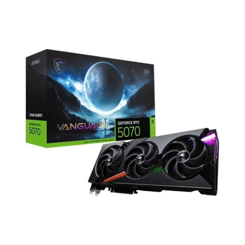 MSI Vanguard SOC GeForce RTX 5070 12GB – NVIDIA Blackwell-architecture GPU, 12GB GDDR7 192-bit 28 Gbps, 6144 CUDA Cores, Boost 2640 MHz, PCIe 5.0, Triple Fan Cooling, 3x DisplayPort 2.1b & HDMI 2.1b, 337 mm Length, Black High-Performance Graphics Card - Featured Image