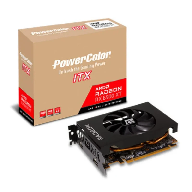 PowerColor Radeon RX 6500 XT ITX 4GB GDDR6 PCIe 4.0 Compact Graphics Card – AMD RDNA 2, 1024 Stream Processors, 18 Gbps 64-bit Memory, 165 mm Length, Single 90 mm Fan, HDMI 2.1 & DisplayPort 1.4, Dual Slot ITX Form Factor – Black Gaming GPU - Featured Image