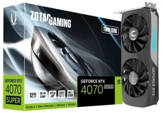 ZOTAC Twin Edge NVIDIA GeForce RTX 4070 SUPER 12GB GDDR6X Graphics Card – 234 mm Compact Dual-Fan Cooling, 7168 CUDA Cores, 2475 MHz Boost, PCIe 4.0, 192-bit 12GB VRAM, 3x DisplayPort 1.4a + HDMI 2.1, IceStorm 2.0 Cooling, 12VHPWR Adapter Included, Black – high-efficiency GPU for 1440p/4K gaming and creative workloads.