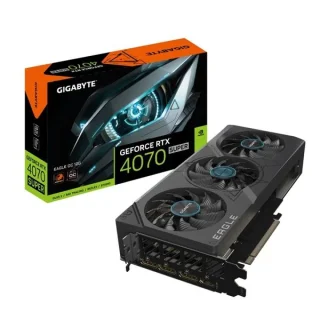 Gigabyte EAGLE OC NVIDIA GeForce RTX 4070 SUPER 12GB GDDR6X Graphics Card – 261 mm Dual-/Triple-Fan WINDFORCE Cooling, 7168 CUDA Cores, 21 Gbps Memory, PCIe 4.0, 192-bit 12GB VRAM, 3x DisplayPort 1.4a + HDMI 2.1a, OC Edition Black GPU for 1440p/4K, Includes Power Adapter – high-efficiency gaming GPU.