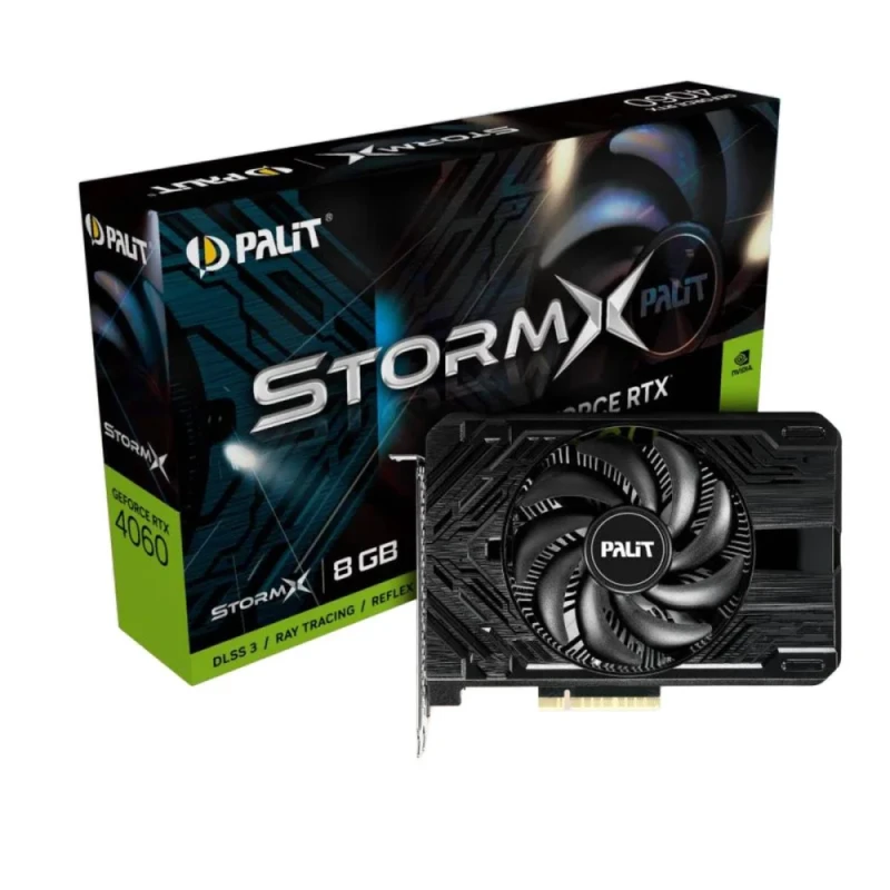 Palit StormX NVIDIA GeForce RTX 4060 8GB GDDR6 Graphics Card – 170 mm Single-Fan Compact Design, PCIe 4.0 x16, 3072 CUDA Cores, 2460 MHz Boost Clock, 128-bit 8GB VRAM, HDMI 2.1a + 3x DisplayPort 1.4a Outputs, 115 W TDP, Black Mini-ITX-Friendly GPU for 1080p/1440p Gaming – Small-form-factor GPU. - Featured Image