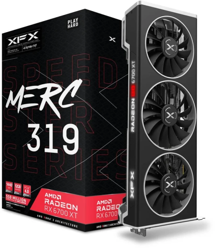 XFX Speedster MERC 319 Radeon RX 6700 XT 12GB Graphics Card – AMD RDNA 2, 2560 Stream Processors, 12GB GDDR6 192-bit, PCIe 4.0, Triple Fan Active Cooler, 2.75-Slot, 3x DisplayPort 1.4a & HDMI 2.1 Outputs, 323 mm Length, 230 W TDP, Black - Featured Image