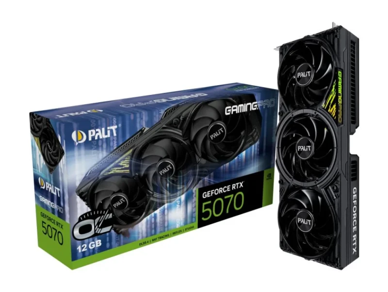 Palit GamingPro OC NVIDIA GeForce RTX 5070 12GB GDDR7 PCIe 5.0 x16 Graphics Card, 6144 CUDA Cores, 192-bit Memory, 672 GB/s Bandwidth, 2572 MHz Boost, Triple Fan Active Cooling, HDMI 2.1b & 3x DisplayPort, Black 332 mm Length GPU - Featured Image