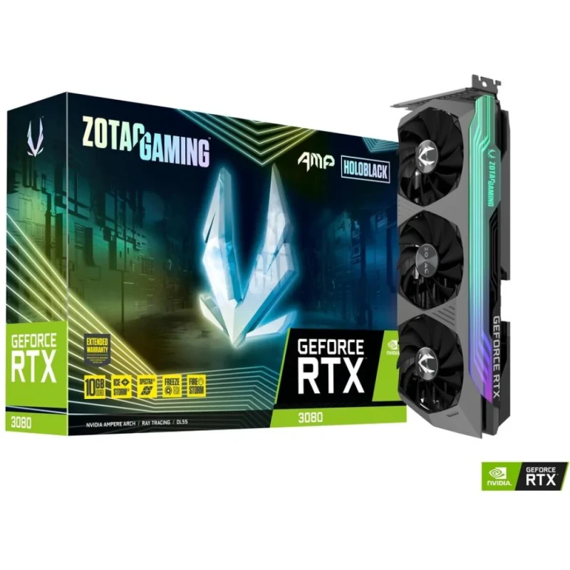 ZOTAC GAMING AMP Holo NVIDIA GeForce RTX 3080 10GB GDDR6X PCIe 4.0 x16 Graphics Card – 8704 CUDA Cores, 320-bit Memory, Boost ~1770 MHz, IceStorm 2.0 Triple Fan Cooling, SPECTRA 2.0 RGB, 3x DisplayPort 1.4a & HDMI 2.1, 2.5-Slot Black GPU ~318 mm Length - Featured Image