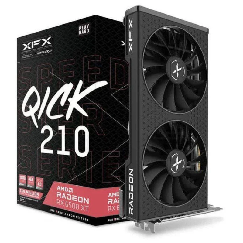 XFX Speedster QICK 210 AMD Radeon RX 6500 XT 4GB GDDR6 PCIe 4.0 Graphics Card – 1024 Stream Processors, 64-bit Memory, Boost ~2825 MHz, Dual Fan Active Cooling, 1x HDMI 2.1 & 1x DisplayPort 1.4, Black Compact 232 mm GPU - Featured Image