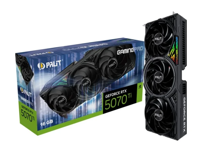 Palit GamingPro V1 GeForce RTX 5070 Ti 16GB GDDR7 PCIe 5.0 Triple-Fan Graphics Card 332 mm, NVIDIA Blackwell, 8960 CUDA Cores, 2452 MHz Boost, 256-bit 16 GB Memory, HDMI 2.1b & 3x DisplayPort 2.1, Black Gaming GPU - Featured Image