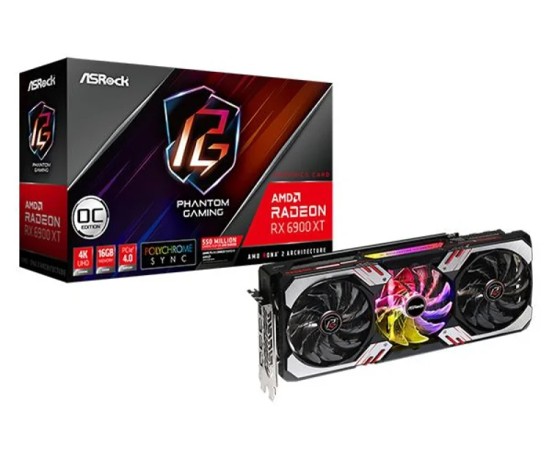 ASRock Phantom Gaming D OC Radeon RX 6900 XT 16GB GDDR6 PCIe 4.0 Graphics Card – AMD RDNA 2 GPU, 5120 Stream Processors, Up to 2340 MHz Boost, 256-bit 16 GB Memory, Triple-Fan Phantom Gaming 3X Cooling, 3x DisplayPort 1.4a & HDMI 2.1, 330 mm Black/Silver - Featured Image
