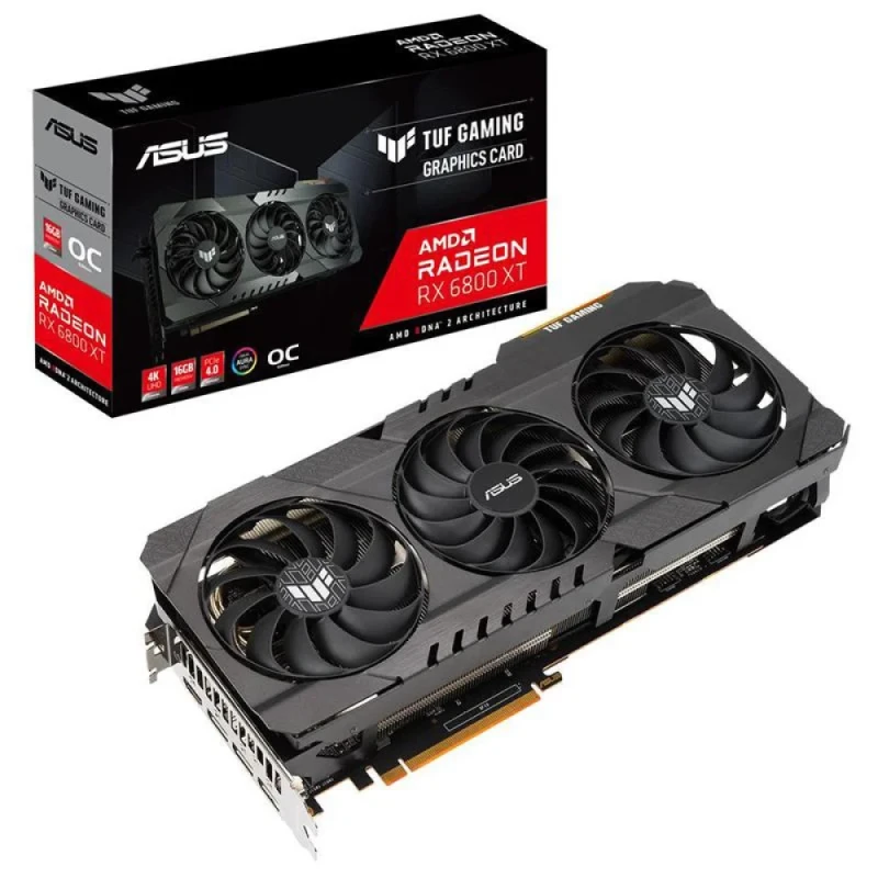 ASUS TUF GAMING OC Radeon RX 6800 16GB GDDR6 PCIe 4.0 Graphics Card – AMD RDNA 2 GPU, 3840 Stream Processors, OC Boost up to ~2190 MHz, 256-bit 16 GB Memory, Triple-Fan TUF Cooling, 3x DisplayPort 1.4 & HDMI 2.1, 310 mm Black/Silver Gaming GPU - Featured Image