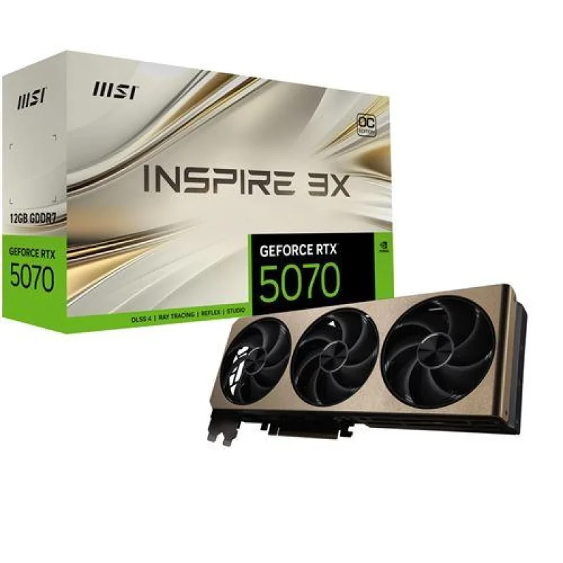 MSI INSPIRE 3X OC NVIDIA GeForce RTX 5070 12GB GDDR7 Graphics Card – Black/Gold Triple-Fan PCIe Gen5 Gaming GPU with 6144 CUDA Cores, 28 Gbps 192-bit Memory, Boost ~2542 MHz, HDMI 2.1b & 3x DisplayPort 2.1b, MSI Zero Frozr & Stormforce Cooling, 288 mm Length for 1440p+ Gaming & AI-Powered Features - Featured Image