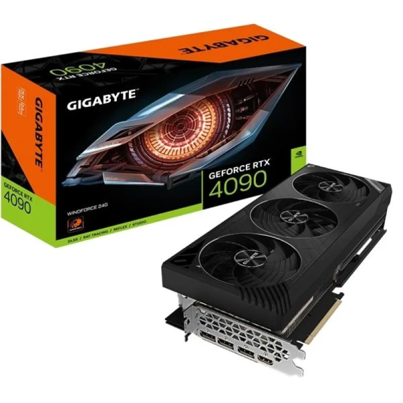 Gigabyte WINDFORCE GeForce RTX 4090 24GB GDDR6X PCIe 4.0 Graphics Card – 16,384 CUDA Cores, 2520 MHz Boost, 384-bit Memory, 3x DisplayPort 1.4 & HDMI 2.1, Triple-Fan WINDFORCE Cooling, 331 mm Length, Black (GV-N4090WF3V2-24GD) - Featured Image