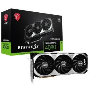 MSI VENTUS 3X GeForce RTX 4080 16GB Graphics Card – NVIDIA Ada Lovelace GPU, 9728 CUDA Cores, 16GB GDDR6X 256-bit, 322 mm Length Triple-Fan TORX Fan 4.0, 320 W TDP, PCIe 4.0, 1x HDMI 2.1a & 3x DisplayPort, Black/Silver