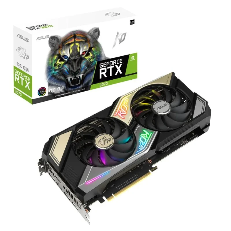 ASUS KO GAMING OC V2 GeForce RTX 3070 LHR 8GB GDDR6 PCIe 4.0 Graphics Card – NVIDIA Ampere GPU, 5888 CUDA Cores, 256-bit Memory, 1845 MHz Boost, 2x HDMI 2.1 & 3x DisplayPort 1.4a, Axial-tech Fans, Aura Sync RGB, 275x131x54 mm, Black/Silver - Featured Image