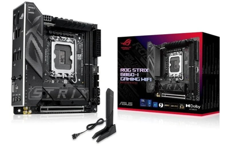 ASUS ROG STRIX B860-I GAMING WIFI Intel B860 Mini-ITX Motherboard – LGA1851 Socket for Intel Core Ultra Series, DDR5 up to 9066+ MT/s, PCIe 5.0 x16, Dual M.2 NVMe (PCIe 5.0 & 4.0), Wi-Fi 7 (802.11be) & Bluetooth 5.4, Intel 2.5Gb Ethernet, Thunderbolt 4 & USB-C/Type-A, HDMI & DisplayPort – Compact High-End Gaming/AI PC Board - Featured Image