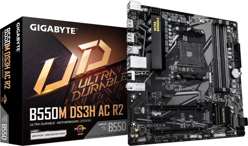 Gigabyte B550M DS3H AC R2 Micro-ATX AM4 Motherboard – AMD B550 Chipset, Socket AM4 for Ryzen 5000/4000/3000, 4x DDR4 up to 4733 OC, Dual M.2 (PCIe 4.0/3.0) & SATA, Wi-Fi 5 (802.11ac) + Bluetooth, Gigabit LAN, HDMI & DisplayPort, USB 3.2 Gen1, Compact mATX Board - Featured Image