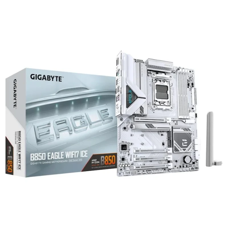 GIGABYTE B850 EAGLE WIFI7 ICE AM5 ATX Motherboard – AMD B850 Chipset, Socket AM5 for Ryzen 7000/8000/9000 Series, DDR5-8200 OC, 4x DIMM, 3x M.2 (PCIe 5.0 + 2x PCIe 4.0), Wi-Fi 7 (802.11be) & Bluetooth 5.4, 2.5 GbE LAN, USB 3.2 Gen2/Gen1, HDMI 1.4 & DisplayPort 1.4, Realtek ALC897 Audio, White ATX Board - Featured Image