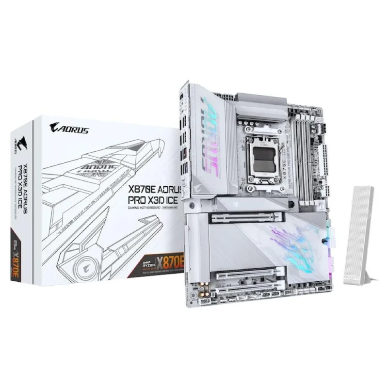 GIGABYTE X870E AORUS PRO X3D ICE AM5 ATX Motherboard – AMD X870E Chipset, DDR5 up to 9000 MT/s, 4x M.2 (PCIe 5.0/4.0), 2.5 Gb & 5 Gb Ethernet, Wi-Fi 7 & Bluetooth 5.4, USB4 Type-C, Dual USB4/USB-C, HDMI-DP Alt, Realtek ALC1220 Audio, AI-Enhanced X3D Turbo Mode - Featured Image