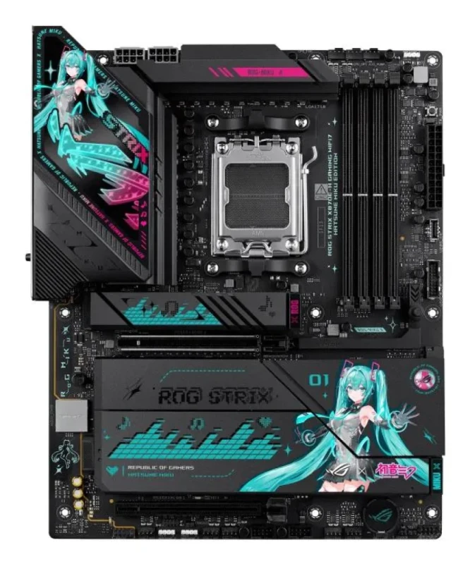 ASUS ROG STRIX X870E-H GAMING WIFI7 Hatsune Miku Edition AM5 ATX Motherboard – AMD X870E Chipset, DDR5 up to 8000+ MT/s, 4x DIMM (Up to 256 GB), PCIe 5.0 x16 & PCIe 4.0 Slots, 4x M.2 (PCIe 5.0/4.0), Dual USB4 & USB-C/A I/O, Wi-Fi 7 & Bluetooth 5.4, Realtek 5 Gb LAN, HDMI, RGB – Collector’s Edition Themed Board - Featured Image