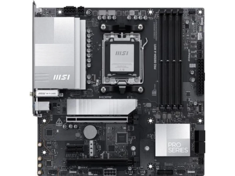 MSI PRO B850M-A WIFI Micro-ATX AM5 Motherboard – AMD B850 Chipset, Supports Ryzen 9000/8000/7000 CPUs, DDR5 up to 8200+ MT/s, Dual-Channel 256 GB, PCIe 5.0 x16 & PCIe 4.0 x4, 2x M.2 & 4x SATA 6 Gb/s, Wi-Fi 7 (802.11be) & Bluetooth 5.4, Realtek 5 Gb LAN, HDMI & DisplayPort, 7.1-Ch Audio, EZ M.2 Shield Frozr & Pre-Installed I/O Shield - Featured Image