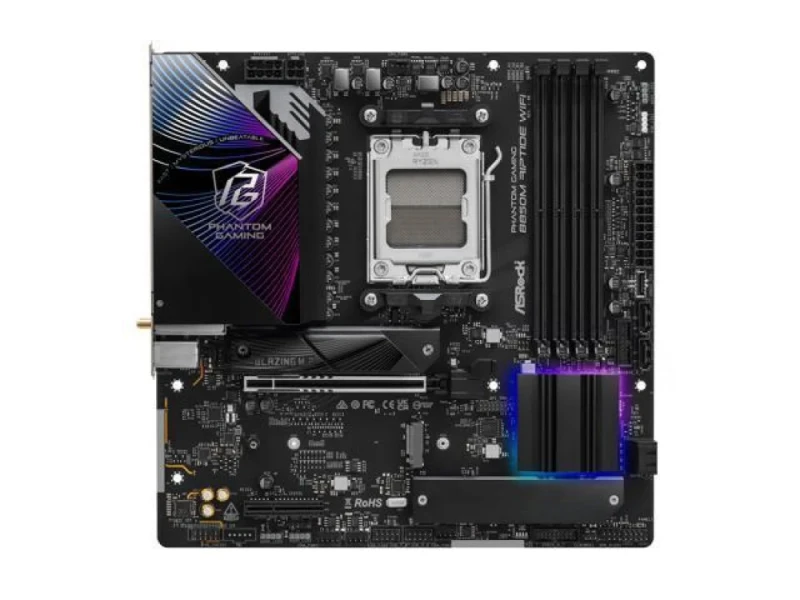 ASRock B850M Riptide WiFi Micro-ATX Motherboard – AMD B850 AM5 Socket, Dual-Channel DDR5 up to 8000+ MT/s (4x DIMM), PCIe 5.0 x16 & PCIe 4.0 x4, 3x M.2 NVMe & 4x SATA III Storage, Wi-Fi 7 & Bluetooth 5.4, 2.5 Gb LAN, HDMI 2.1 & DisplayPort 1.4, Realtek ALC1220 7.1-Ch Audio - Featured Image