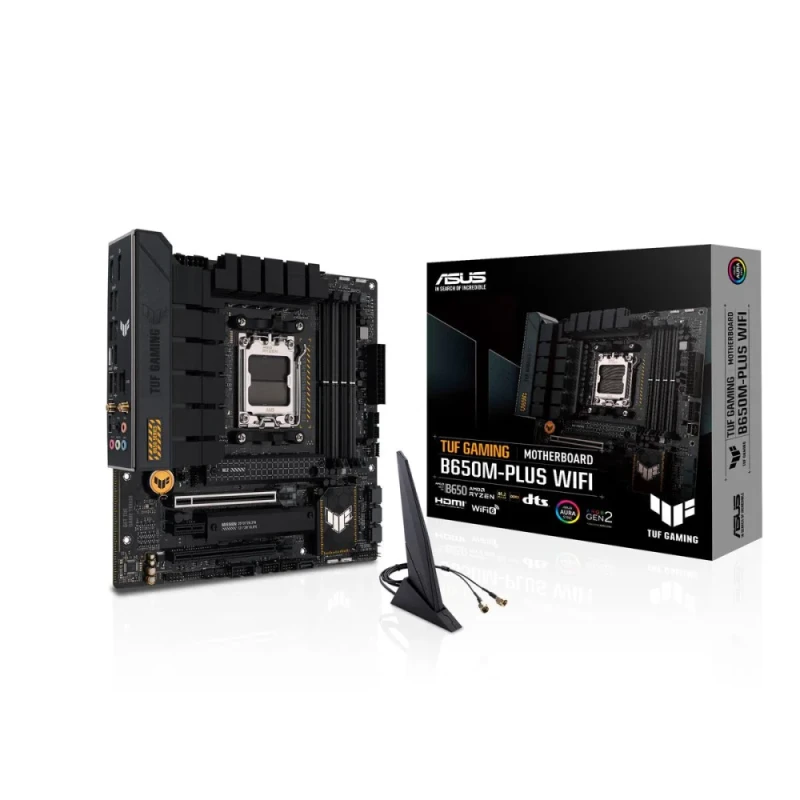 ASUS TUF GAMING B650M-PLUS WIFI Micro-ATX Motherboard – AMD B650 AM5, DDR5 up to 6400+ MT/s, 4x DIMM, PCIe 4.0 x16 & PCIe 4.0, 2x M.2 NVMe (PCIe 5.0/4.0), Realtek 2.5Gb LAN, Wi-Fi 6 (802.11ax) + Bluetooth 5.2, USB 3.2 Gen2x2 Type-C, HDMI 2.1 & DisplayPort, Realtek 7.1-Ch Audio, TUF Heatsinks & Q-Design - Featured Image