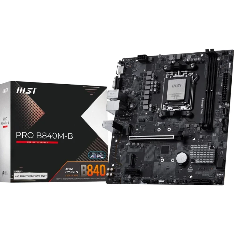 MSI PRO B840M-B AMD B840 mATX Motherboard – AM5 Socket for Ryzen 7000/8000/9000, 2x DDR5 up to 128 GB, Dual PCIe 4.0 M.2 & 4x SATA 6Gb/s Storage, PCIe 4.0 x16 & PCIe 3.0 x1, Realtek 2.5 Gb LAN, HDMI 2.1 & VGA, Realtek ALC897 7.1 Audio - Featured Image
