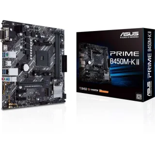 ASUS PRIME B450M-K II Micro-ATX Motherboard – AMD B450 AM4, DDR4 up to 64 GB, PCIe 3.0 x16, M.2 & SATA 6 Gb/s, Gigabit LAN, HDMI/DVI-D/VGA, USB 3.2 Gen1/Gen2, ASUS 5X Protection III & Fan Xpert, BIOS FlashBack – reliable AM4 board for Ryzen builds.
