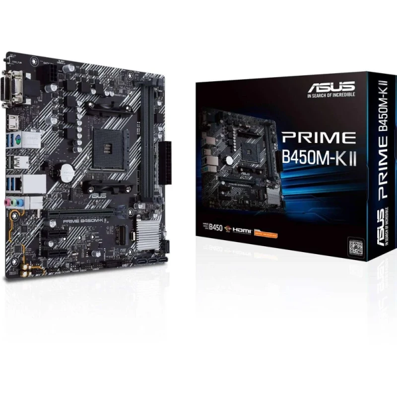 ASUS PRIME B450M-K II Micro-ATX Motherboard – AMD B450 AM4, DDR4 up to 64 GB, PCIe 3.0 x16, M.2 & SATA 6 Gb/s, Gigabit LAN, HDMI/DVI-D/VGA, USB 3.2 Gen1/Gen2, ASUS 5X Protection III & Fan Xpert, BIOS FlashBack – reliable AM4 board for Ryzen builds. - Featured Image