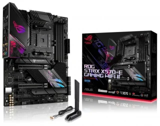 ASUS ROG STRIX X570-E GAMING WIFI II ATX Motherboard – AMD X570 AM4, PCIe 4.0, DDR4 up to 5100 MHz (OC), 12+4 Power Stages, 2x M.2 & 8x SATA, Wi-Fi 6E & Bluetooth, Realtek 2.5 Gb LAN, USB 3.2 Gen2 Type-C, SupremeFX Audio & Aura Sync RGB – premium AMD gaming board – high-performance motherboard for Ryzen AM4 builds.