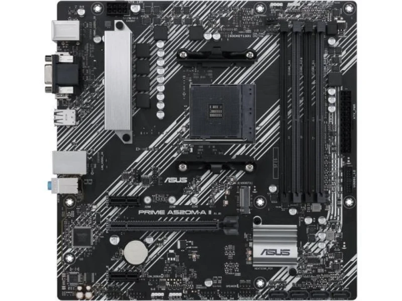 ASUS PRIME A520M-A II/CSM Micro-ATX Motherboard – AMD A520 AM4, DDR4 up to 4800 MHz (OC), 4x DIMM (128 GB), PCIe 3.0 x16 + 2x PCIe 3.0 x1, 1x M.2 (PCIe 3.0/SATA), 4x SATA 6 Gb/s, 1 Gb Ethernet, HDMI/DisplayPort/D-Sub, USB 3.2 Gen1 & USB 2.0, Aura Sync RGB – corporate stable model board for AM4 Ryzen systems – essential connectivity and expandability for business/desktops. - Featured Image
