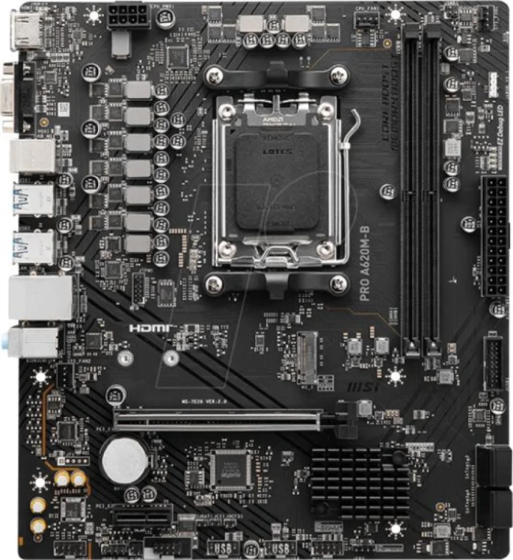 MSI PRO A620M-B AM5 Micro-ATX Motherboard – AMD A620 Chipset, Socket AM5, DDR5 Memory Support up to 6800+(OC), PCIe 4.0 x16 & M.2, 4x SATA 6Gb/s, Realtek 2.5G LAN, HDMI & VGA, USB 3.2 Gen1, Dual-Channel, Professional Series Board - Featured Image