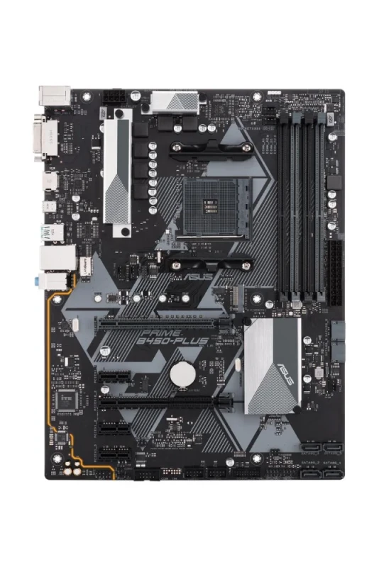 ASUS PRIME B450-PLUS AMD B450 ATX Motherboard – AM4 Socket for AMD Ryzen CPUs (Ryzen 1000/2000/3000), DDR4 Dual-Channel up to 3200 MT/s, 4x DIMM, PCIe 3.0 x16 + PCIe 2.0 x16 & 3x PCIe 2.0 x1, 1x M.2 NVMe & 6x SATA 6 Gb/s, Realtek RTL8111H Gigabit LAN, HDMI & DVI-D Video, USB 3.1 Gen2/Gen1 Type-A & USB-C, Realtek ALC887 7.1-Ch Audio - Featured Image